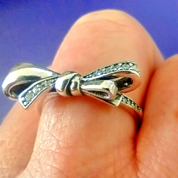 Pandora Pave Sterling Silver ALE Bow Tie Sterling Silver CZ GLITZY Ring Size 7.5 - Picture 4 of 5